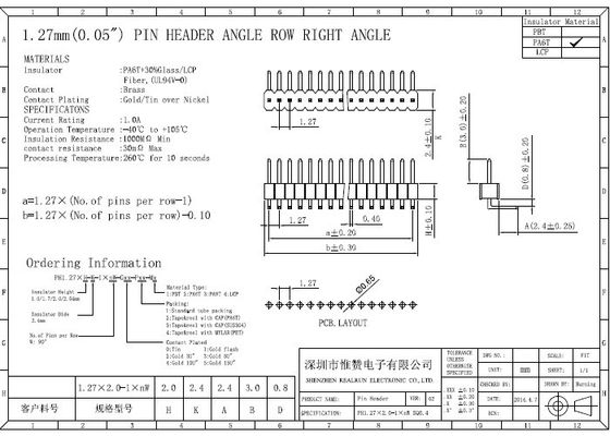 Right Angle UL94V-0 1.27mm Single Row Header Connector PA6T