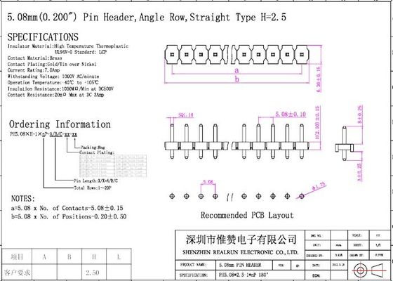 SGS Single Row Pin Header UL94V-0 Tinned PBT LCP Board To Board Connector